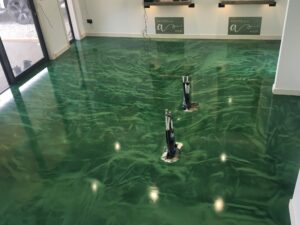 Green swirled epoxy resin flooring