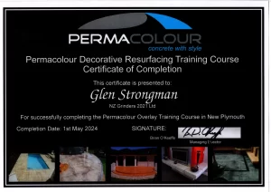 Permacolour Decorative Overlay Certificate NZ Grinders Tauranga