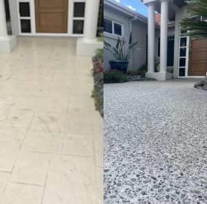 Before and after images of a yellow stamped concrete driveway transformed to a bush hammered driveway with stone exposure